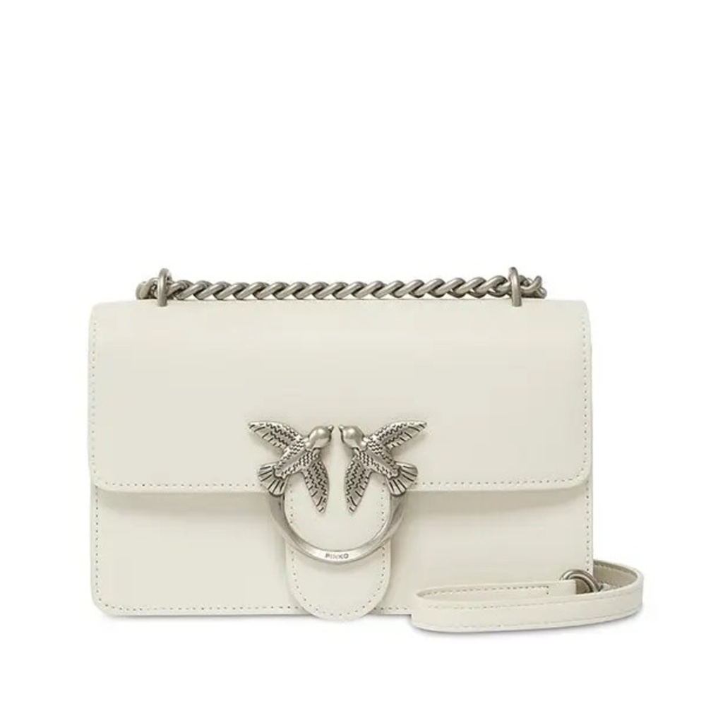 Pinko White Love One Bag Simply Birds Leather Crossbody Bag silver chain leather